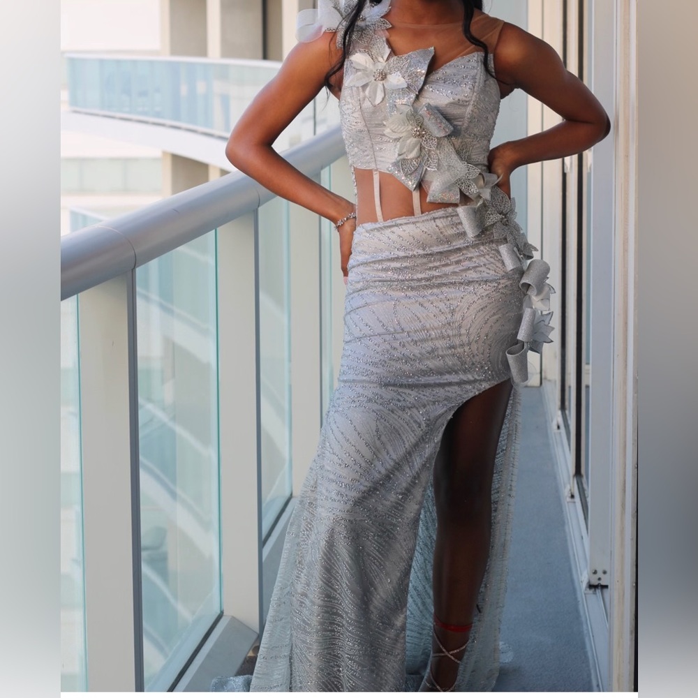Silver Formal Prom Wedding Corset Asymmetrical Mesh Dress Side Slit Custom Made
